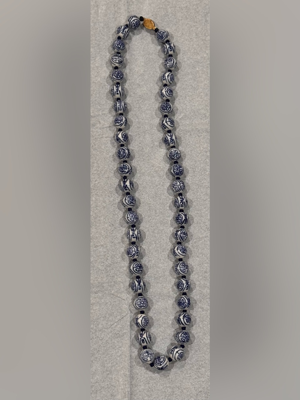 Vintage Chinese Export Blue White Porcelain Shou Longevity Bead Necklace 28"